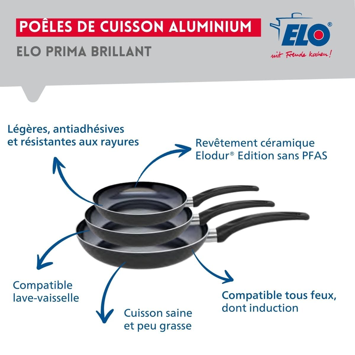 Elo Batterie cuisine 3 poêles 20/24/28 cm et 3 faitouts 14/20/24 cm | Cuisson homogène, 6 pièces pour équiper la cuisine, 3 poêles 20 24 28 cm, 3 faitouts 14 20 24 cm, Compatible induction, Inox
