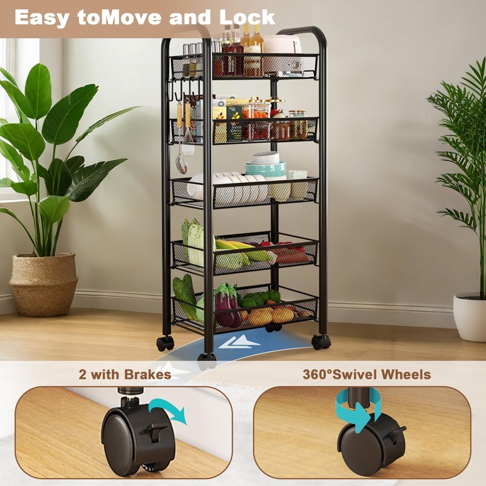 Carro de Almacenaje Rodante 5 Niveles para Despensa, Estructura de Acero con Cesta de Malla Apilables y Ganchos - Estantería Portátil con Ruedas para Cocina, Oficina,Negro