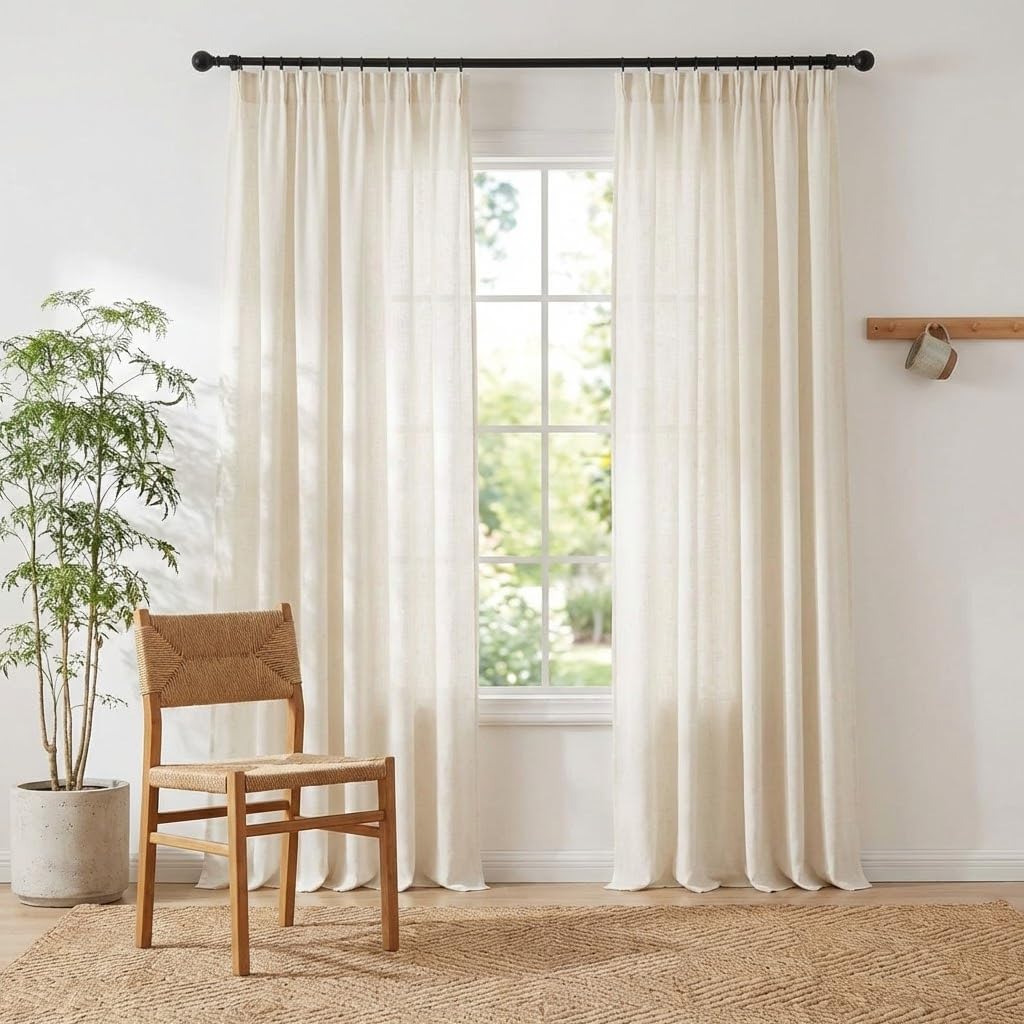 NICETOWN Natural Thick Linen 120 inch Curtains, Pinch Pleated/Rod Pocket/Back Tab Privacy Added Window Treatments with Light Filtering for Bedroom/