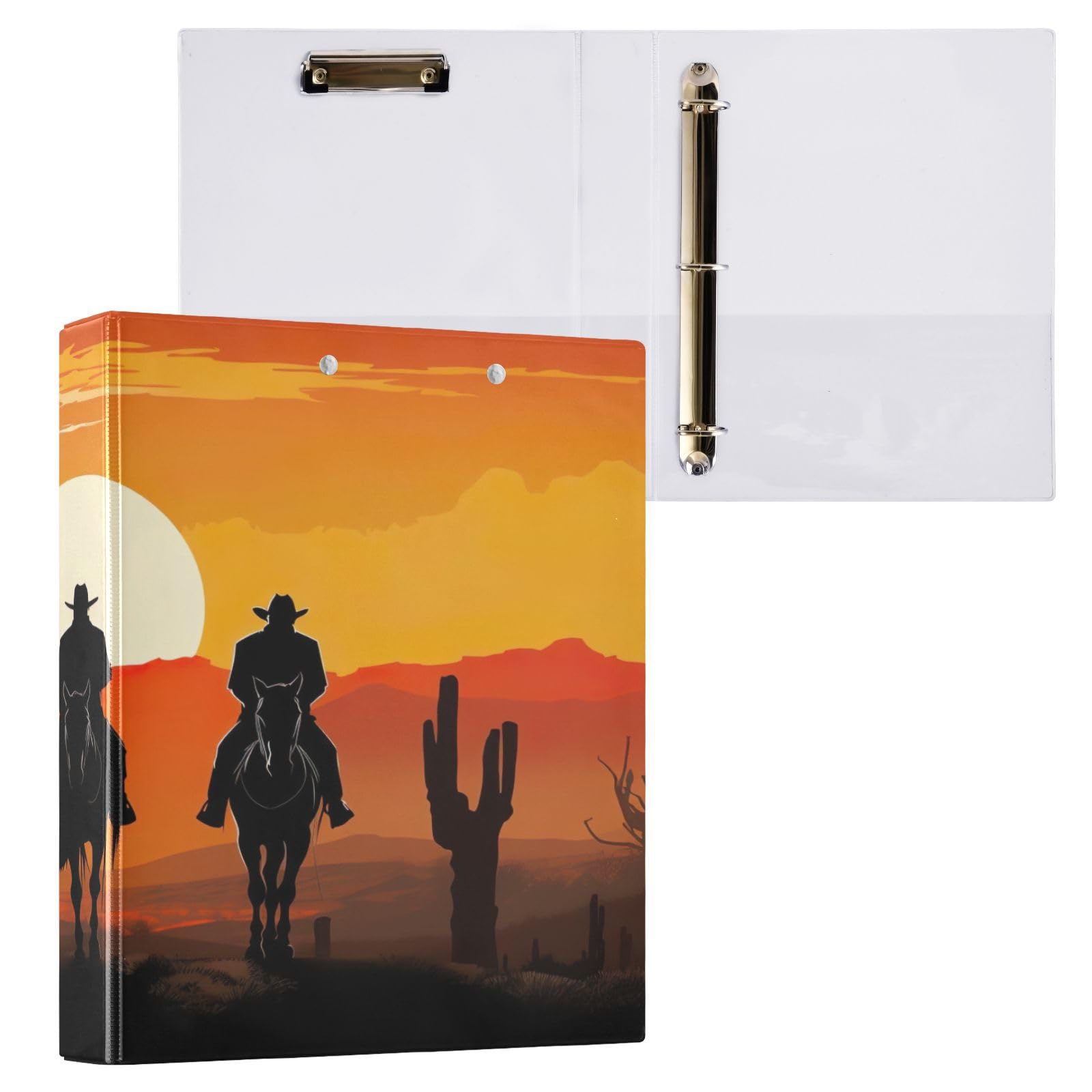 Raccoglitore a 3 anelli da 3,8 cm con clip in metallo, motivo cowboy, decorativo, rotondo, formato lettera, per casa e ufficio, confezione da 2