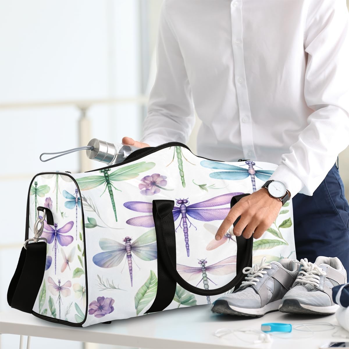 Dragonflies Watercolour Travel Duffel Bag for Women Men Large Capacity Overnight Weekender Bags for Lightweight Waterproof Sport Gym Bag for Workout Yoga Swim
