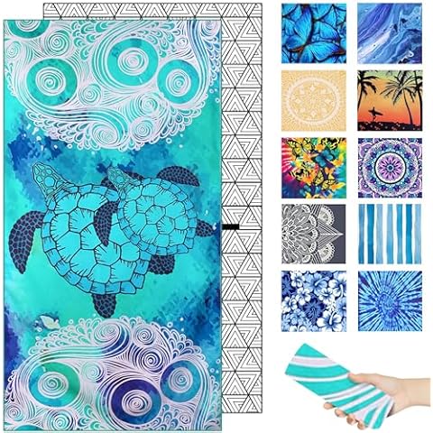 Microfiber Lightweight Beach Towels for Adults – Compact Personalized Thin Sand Free Swim Pool with Multi-Options for Outdoor Traveling (Art Turtle, Large 72" 36") Cover
