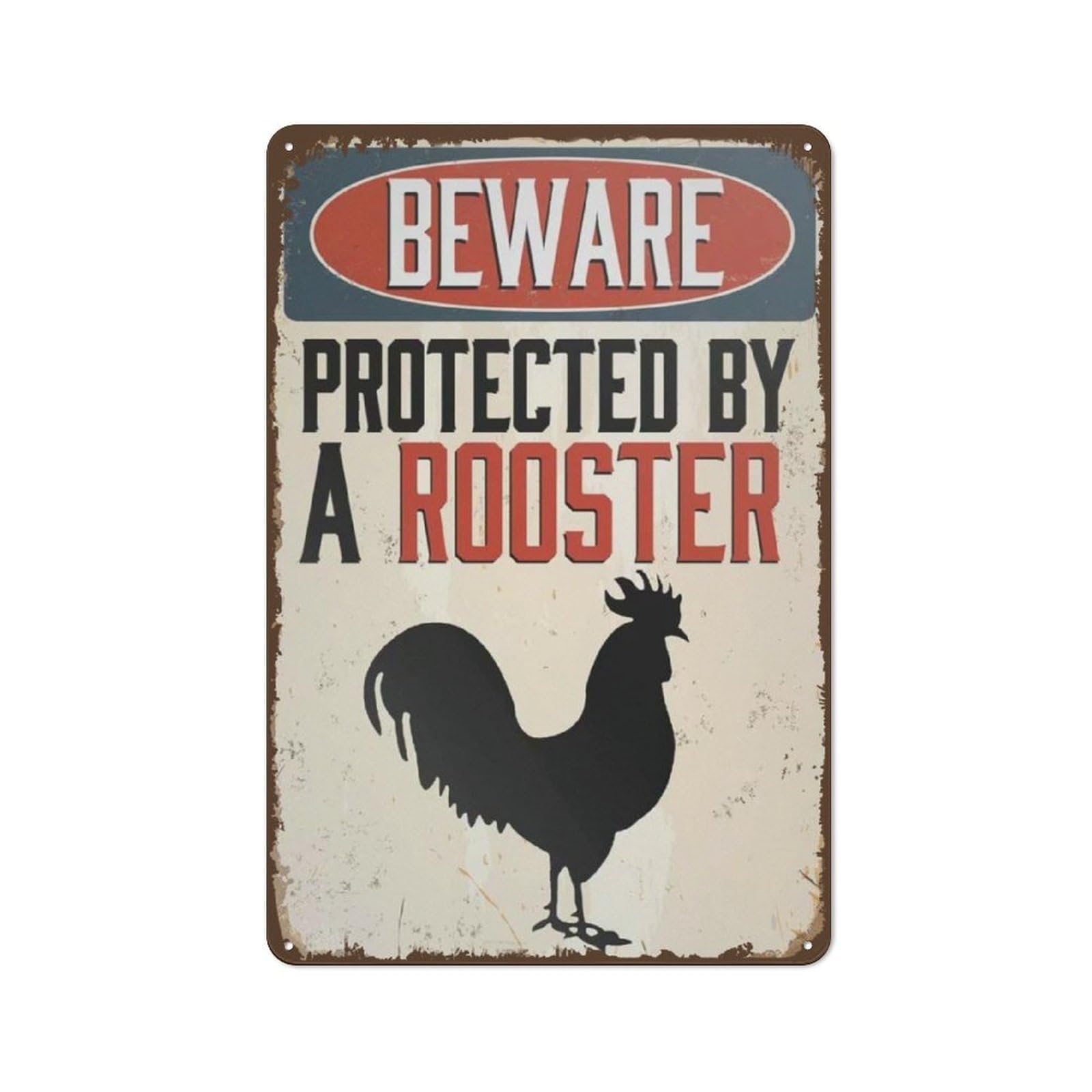 peiyeety Retro Metal Tin Sign Vintage Beware Protected by A Rooster Chicken Aluminum Sign for Home Coffee Wall decor Funny Metal Wall Art Retro Wall Decor Yard Sign Gift 8"x12"