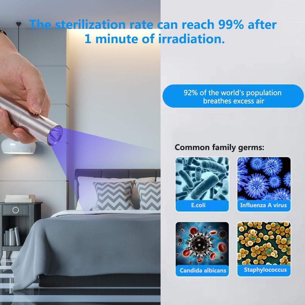 Luz de esterilización UVC portátil, sala de estar del dormitorio Lámpara de mano UV Batería Batería del hogar Varita ultravioleta para el hogar Linterna de viaje