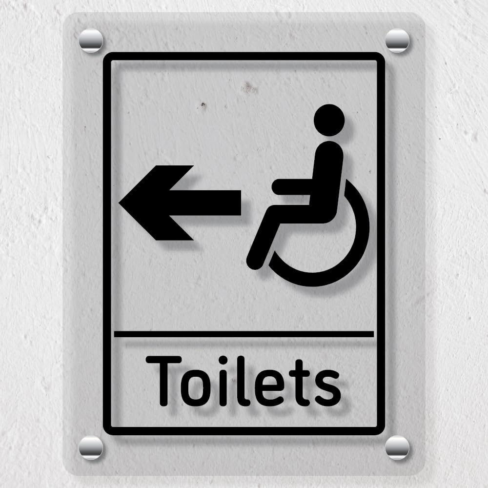V Safety Disabled Toilets Arrow Left - 150 x 200 mm - Acrylic Perspex Cast Clear Safety Sign