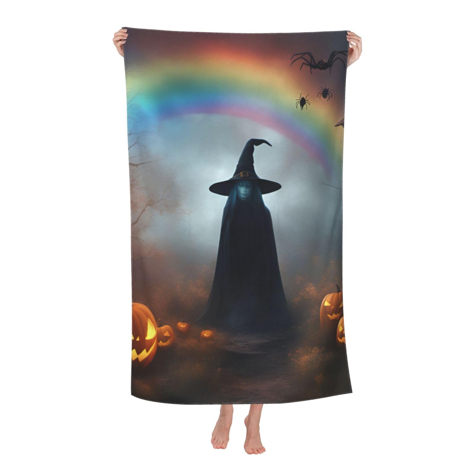NImongt Rainbow Halloween Ghost Witch Hat Spiders Print Oversized Adult Beach Towel For Travel Weekend Getaways Festivals Camping Trips