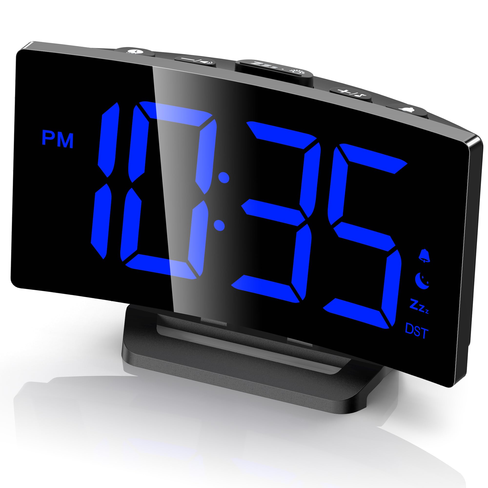 GOLOZA Digital Alarm Clock for Bedrooms with Modern Curved Design, Conspicuous Blue LED Numbers, 6 Levels Brightness, 2 Volume, 3 Alarm Tones, Snooze, Power-Off Memory, 12/24H, Bedside Clock