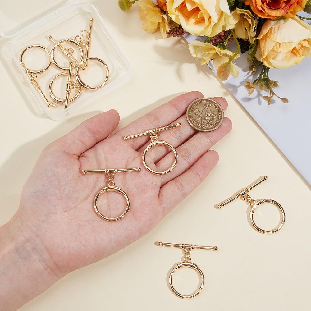 Beebeecraft 10 Sets Toggle Clasps 18K Gold Plated Brass Round Jewelry Clasp Connector OT T Bar for Necklace Bracelet Jewelry Making DIY Findings, 25x30mm - Image 3
