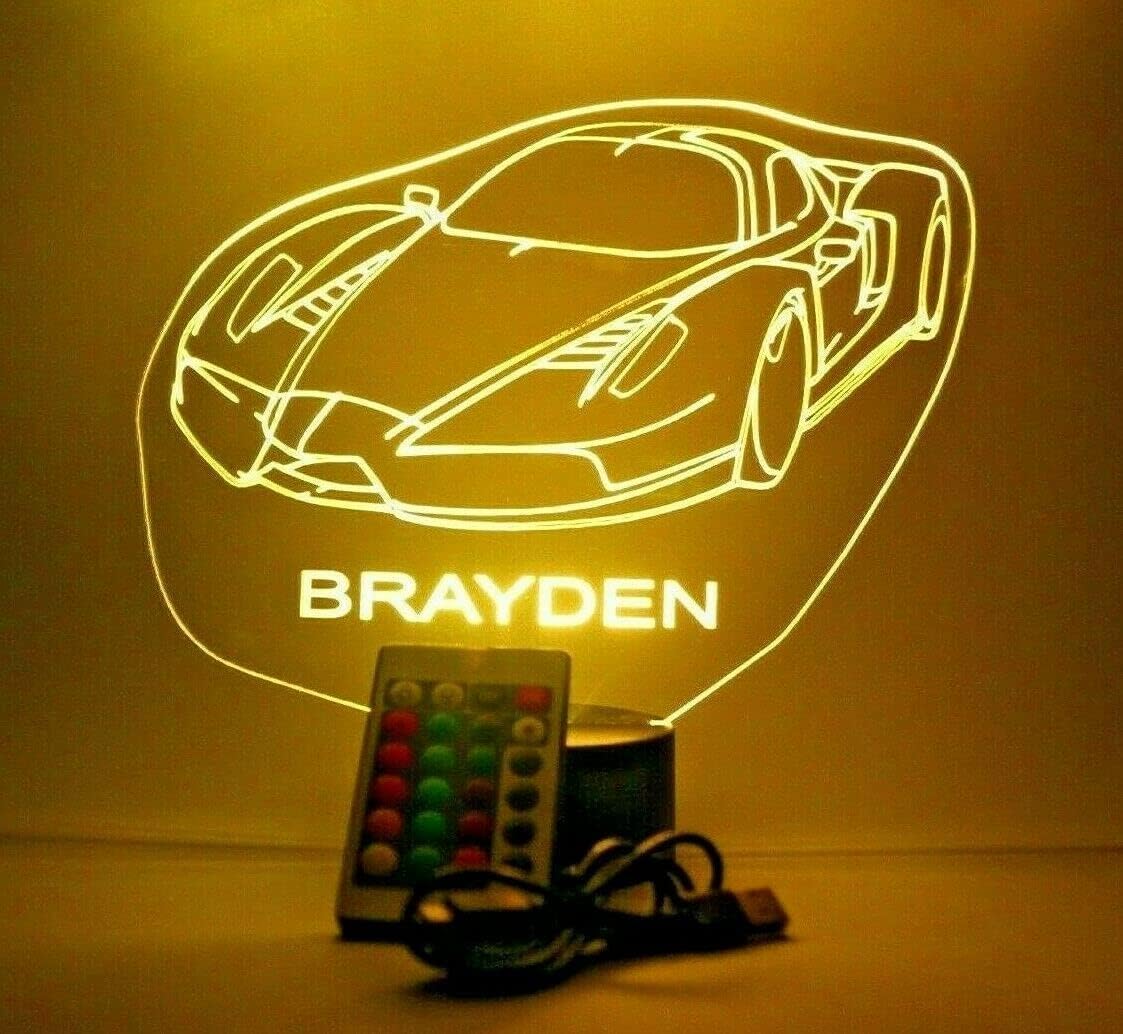 MIRROR MANIA Sports Race Car Night Light Up LED Personalized Name Engraved Fast Highly Exclusive Speed Racing Luxury Car Table Lamp 16 Color Changing Options with Remote Free Engraved, Great Gift