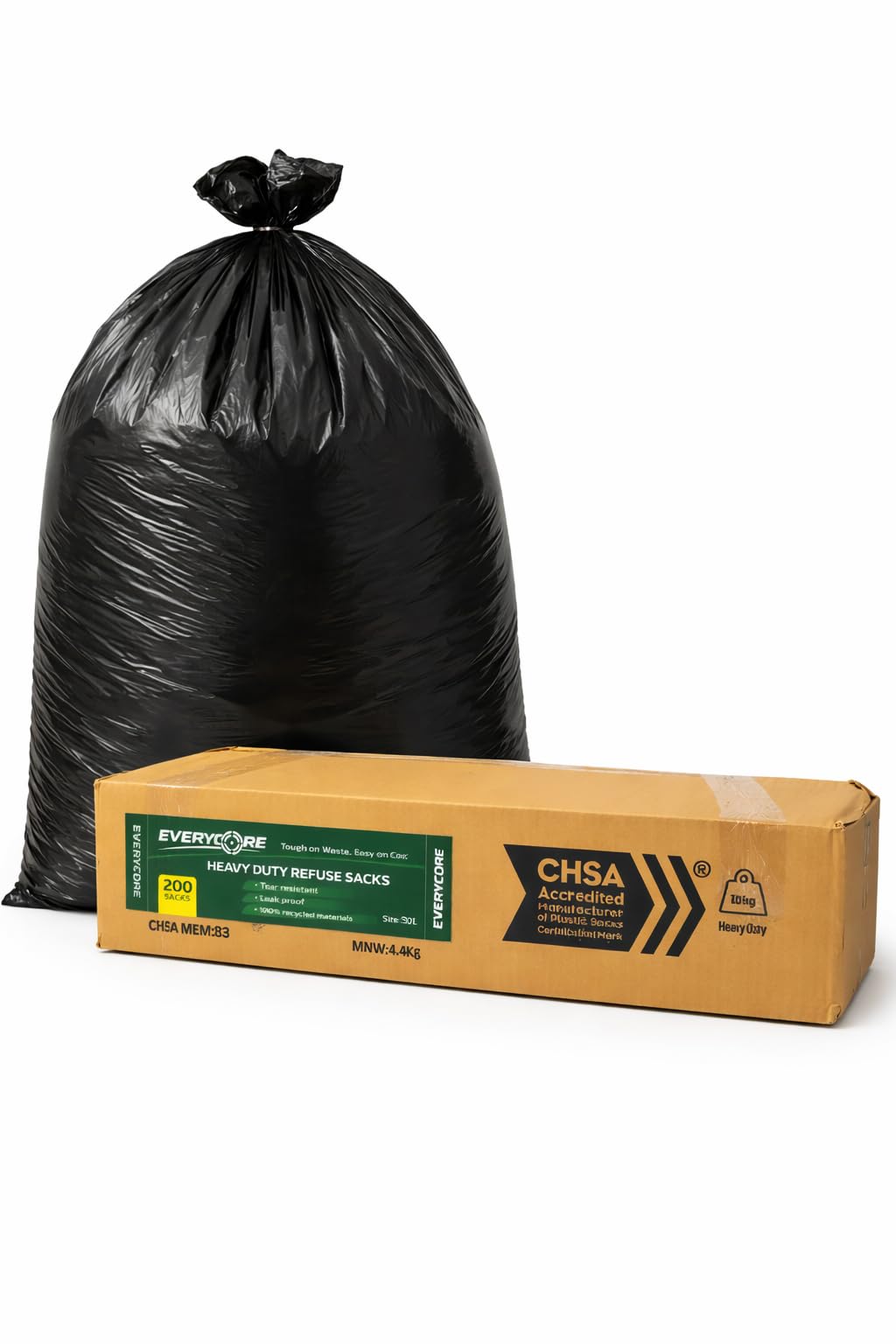 Everycore -15KG Strength Tested. 200 Bulk Value Pack, 90L Black Bin Bags, Heavy Duty CHSA Accredited Refuse Sacks, Strong & Reliable for Kitchen, Household, Office & Commercial Waste