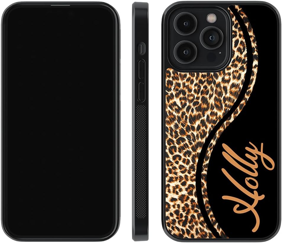 Leopard Skin Personalized Black Rubber Phone Case Compatible with Apple iPhone 17 Pro Max Air, 16 Pro Max Plus, 15 Pro Max Plus, 14 Pro Max Plus, 13 Pro Max Mini, 12, 11, X, 7