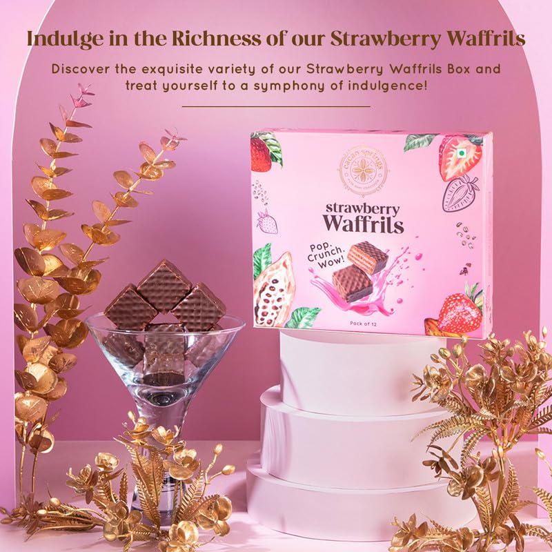 Image of Cacao Springs Premium Strawberry Waffrils Gift Box, Premium Choco & Nut Delicacy Waffle Chips, Great for Snacking, Premium Gift Hamper for Christmas Gifts, 12 Pieces in Each Box, 1 Box, 120gm