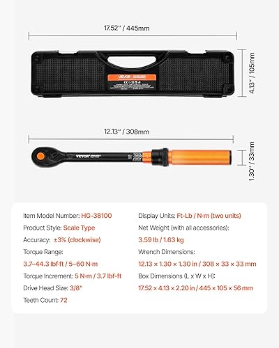 Miniatura 58 de VEVOR Llave dinamométrica de clic de 1/2 pulgada 25-250ft.lb/34-340n.m, juego de llaves dinamométricas ajustables de doble dirección, juego