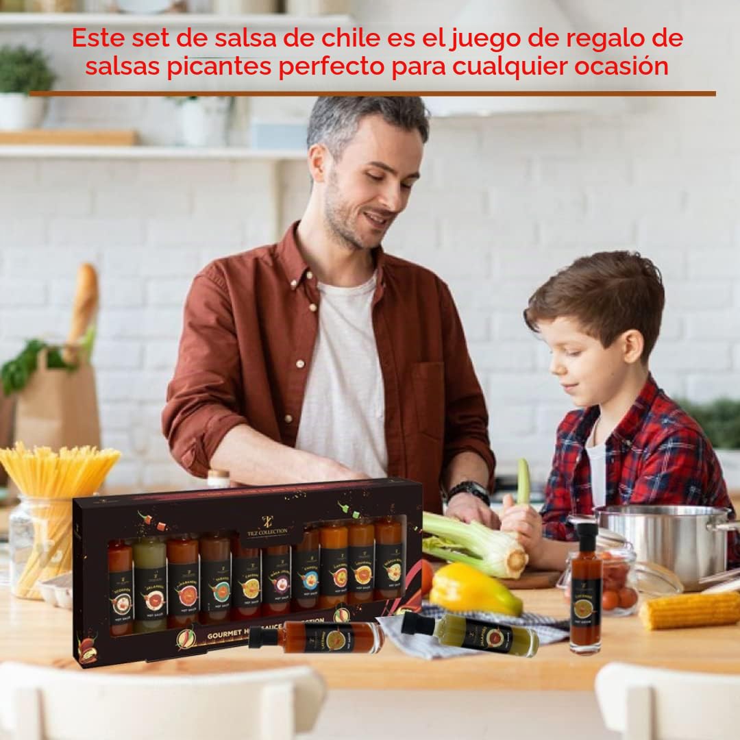 Regalos de salsa picante para hombres 2023 - Juegos de salsa picante gourmet para amantes de los chiles, comida para adultos, regalos veganos para él, botellas de vidrio de 10 x 50 ml