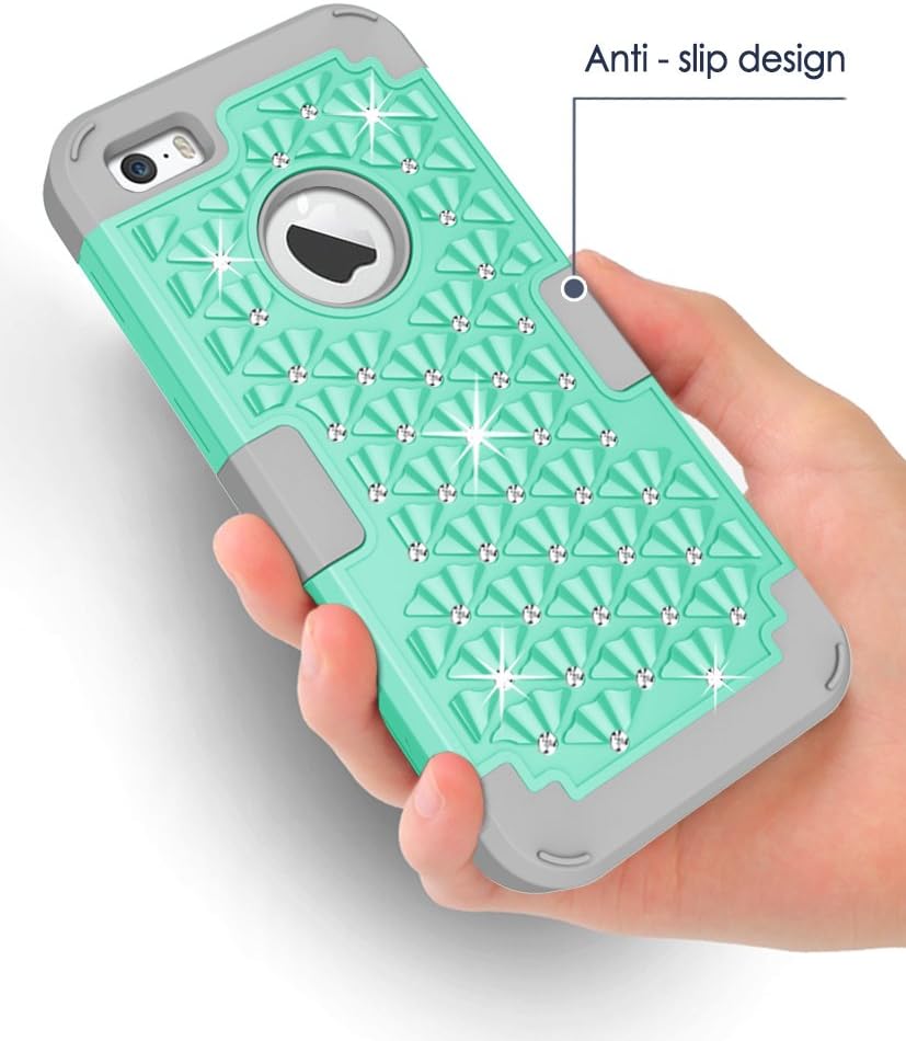Hocase iPhone 5s Cute Case with Sparkly Glitter Bling Rhinestones Hybrid Dual Layer Protective Hard Back Cover+Silicone Bumper for Apple iPhone 5/5s/SE - Aqua/Grey