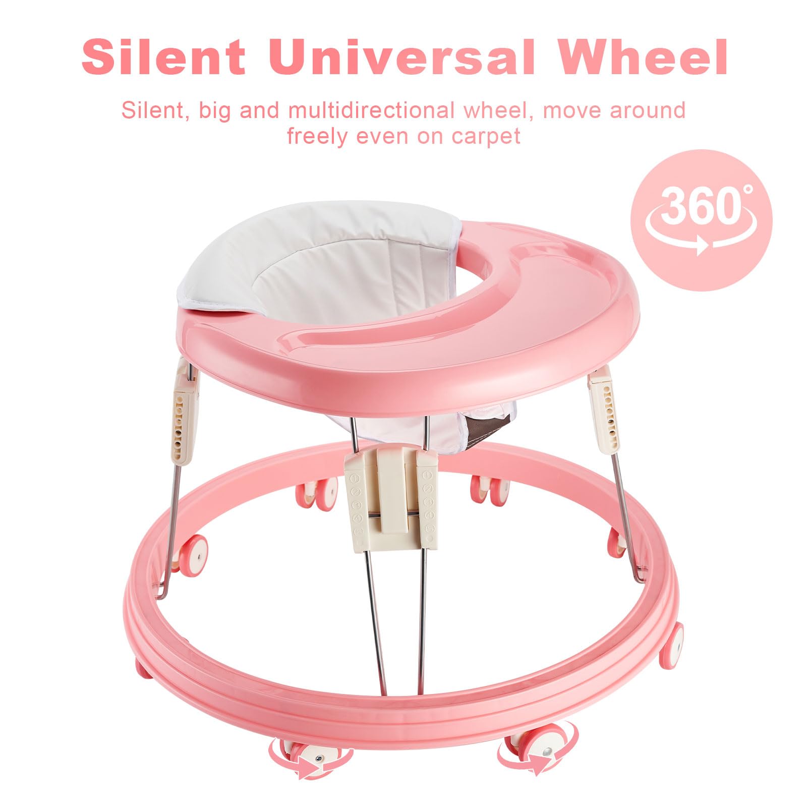 Andador de bebé, plegable, multifunción, antivuelco, 5 niveles de altura ajustable, andadores para bebés de 6 a 15 meses, apto para todos los terrenos (rosa)