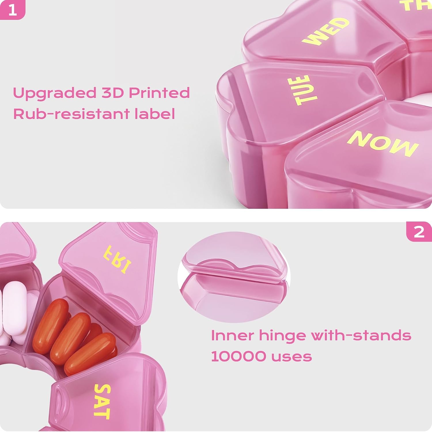 Pill Organizer Weekly - Cute Medicine Pill Organizer 7 Day, Large Daily Pill Box for Travel, SHIJOINYU Pill Dispenser Case 1 Time a Day for Medication/Supplement/Fish Oil (Pink)