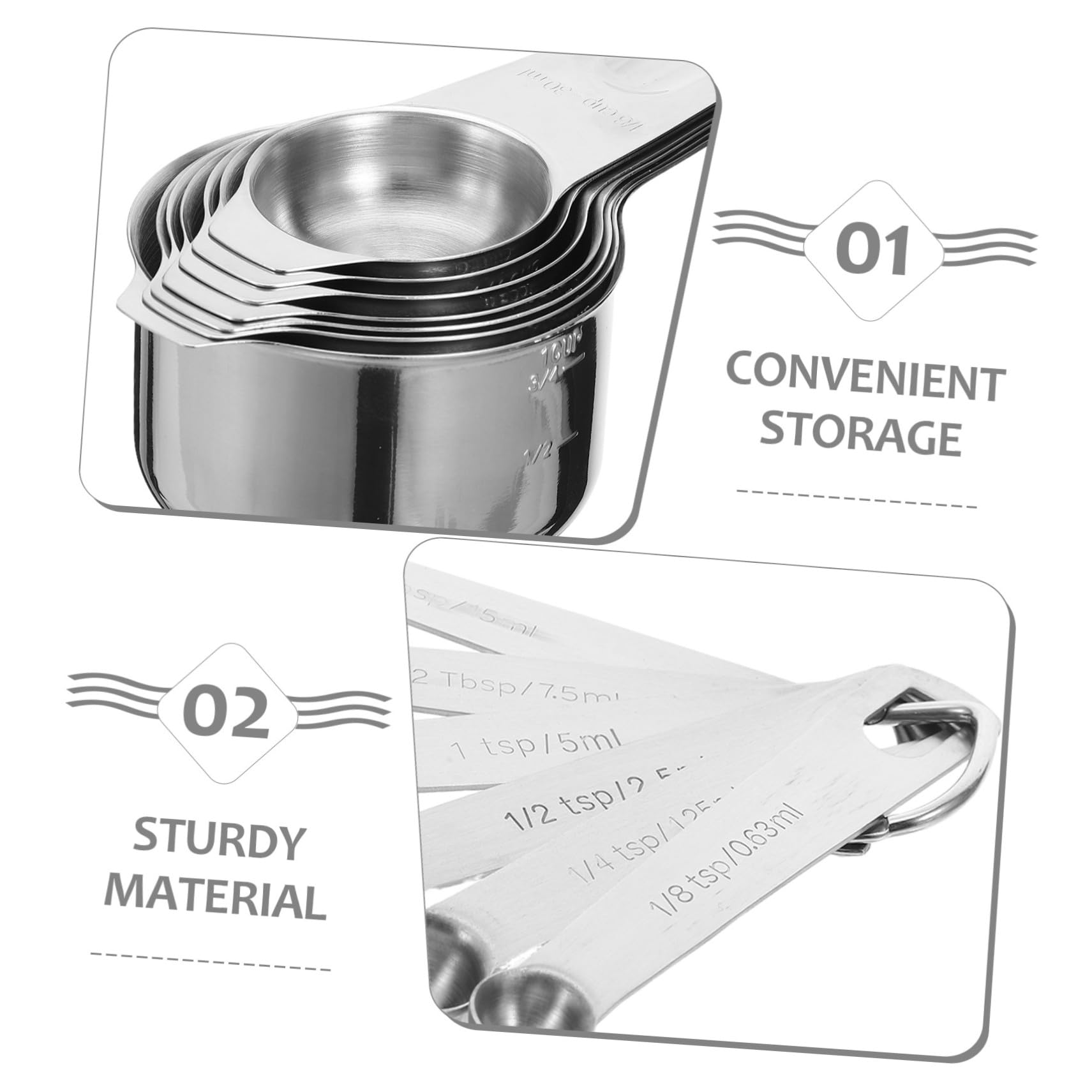 2 Sätze Edelstahl Messbecher und Messlöffel Set mit Komfortgriff und Aufhängeloch Präzise Küchenmesser für Trockene und Flüssige Zutaten zum Backen und Kochen