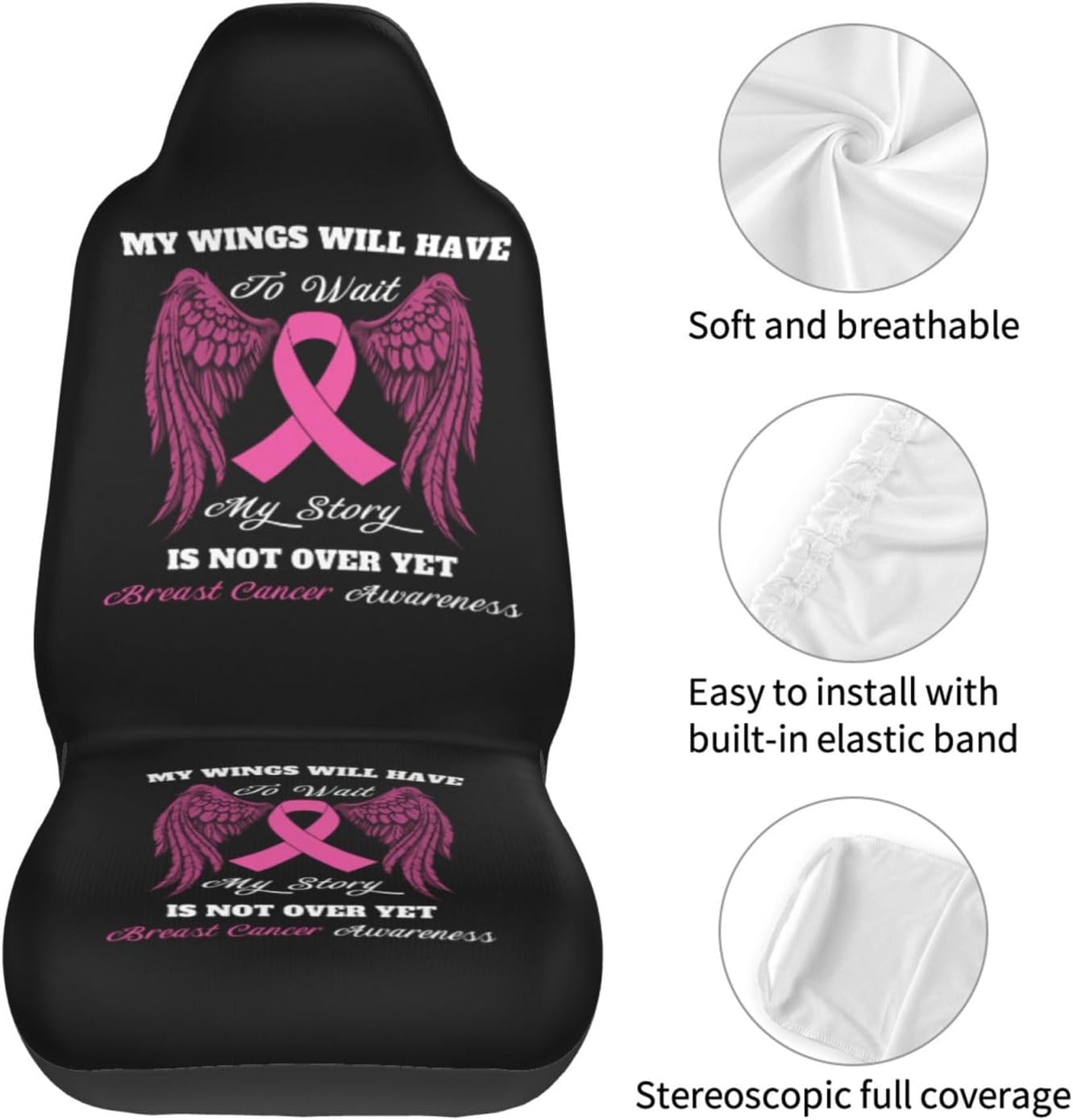 Wings Breast Cancer Awareness Car Seat Covers Seats 2 Piece Universal Fit Automotive Funny Cute Front Seat Covers for Women Men Easy to Install Auto Trucks SUV Pickup