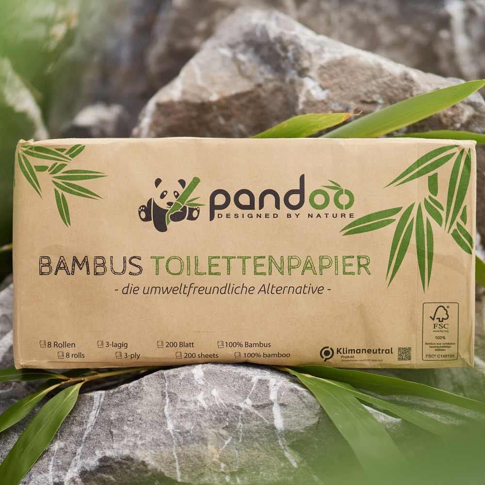 Pandoo 100% bamboo toilet paper, unbleached, wood-free toilet paper in plastic-free bamboo packaging, 8 rolls of 200 sheets, 3-ply and cuddly soft.