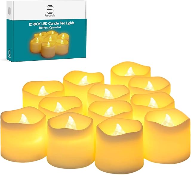 SC Products 12 Pcs Bright LED Flameless Tea Lights Candles  Battery Operated Realistic Votive Candles | Long Lasting Electric Tealights in Warm White and Wave Open for Halloween, Christmas