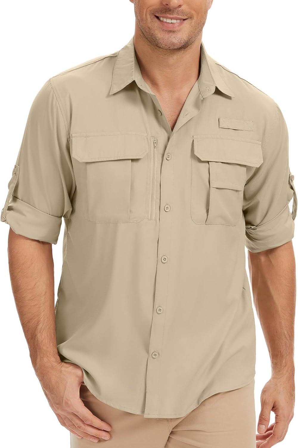 Men's Long Sleeve Sun Protection Fishing Shirts UPF 50+ UV Quick Dry Cooling Safari Shirts for Hiking Travel Camping Work