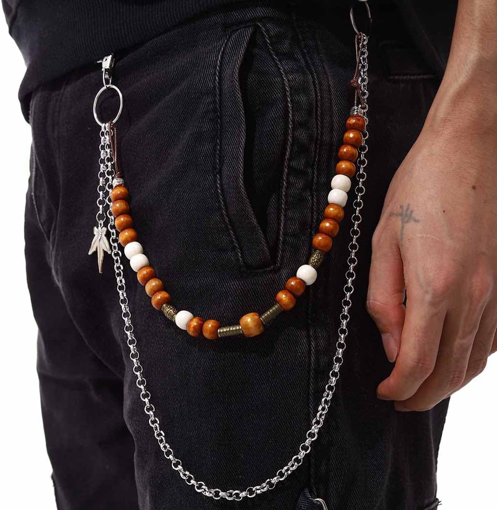 Punk Pant Chains for Men Gothic Wallet Chains Hip Hop Pocket Jeans Chain Wood Beaded Trousers Chain Layered Rock Chains