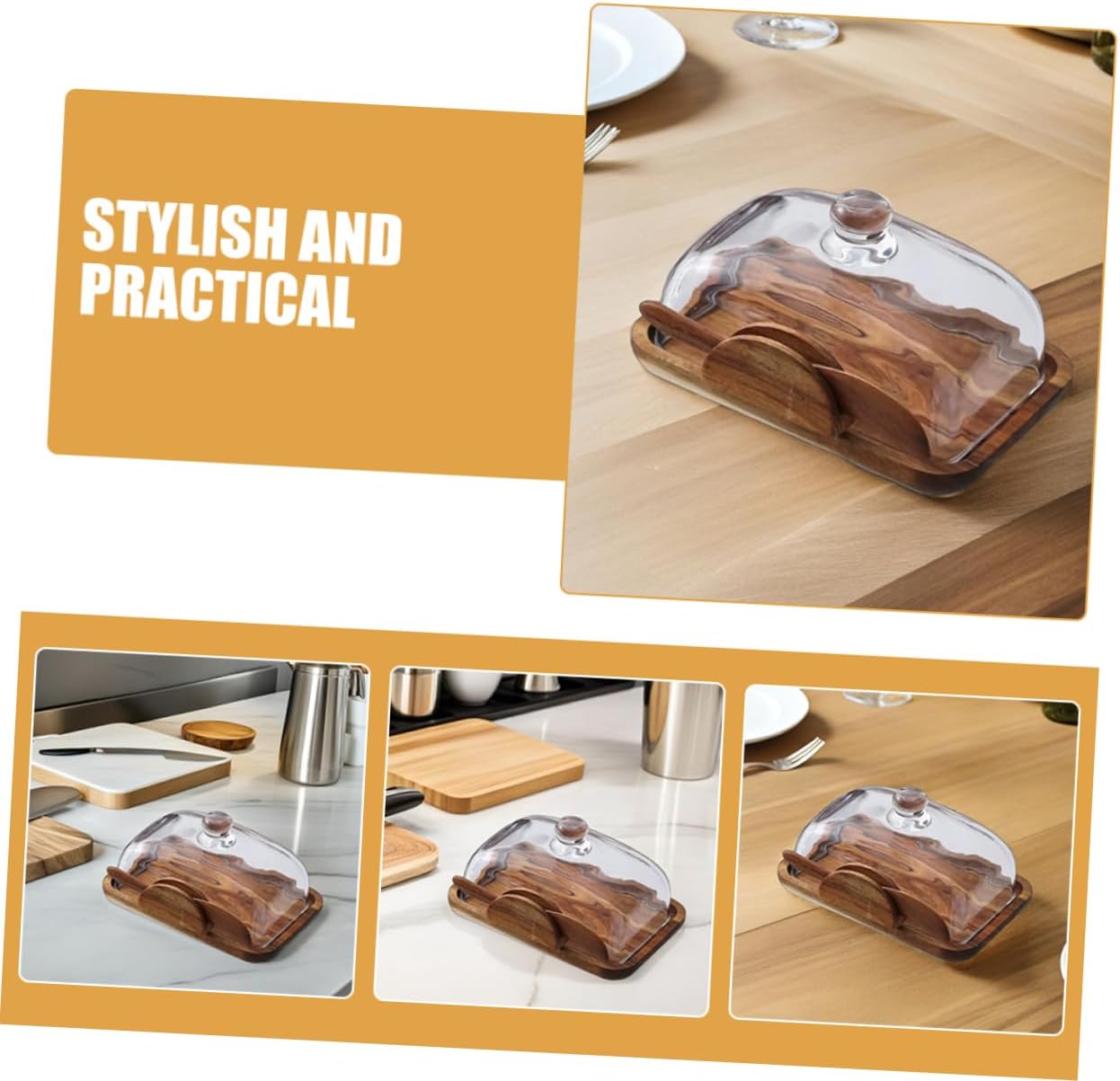 STOBAZA Butter Dish Cheese Storage Vintage Wooden Bread Box Glass Lid Rustic Home Decor Natural Multi-purpose Storage