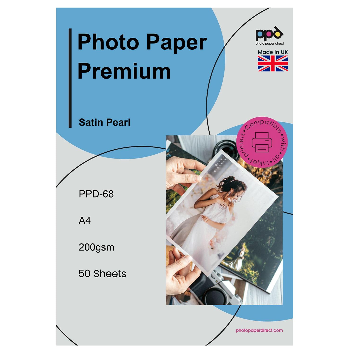 PPD Inkjet - A4 x 50 Hojas de Papel Fotográfico Satinado Perlado 200 g/m² - Calidad Profesional - Secado Instantáneo - Para Impresión de Inyección de Tinta - PPD-68-50