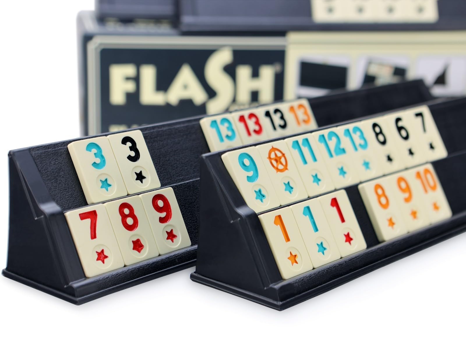 Semus Flash Black Okey/Rummy – PVC Steinleger, Melamin Spielsteine Mattiert, Mit 4 Steinaufstellern, Würfel & Stoffbeutel