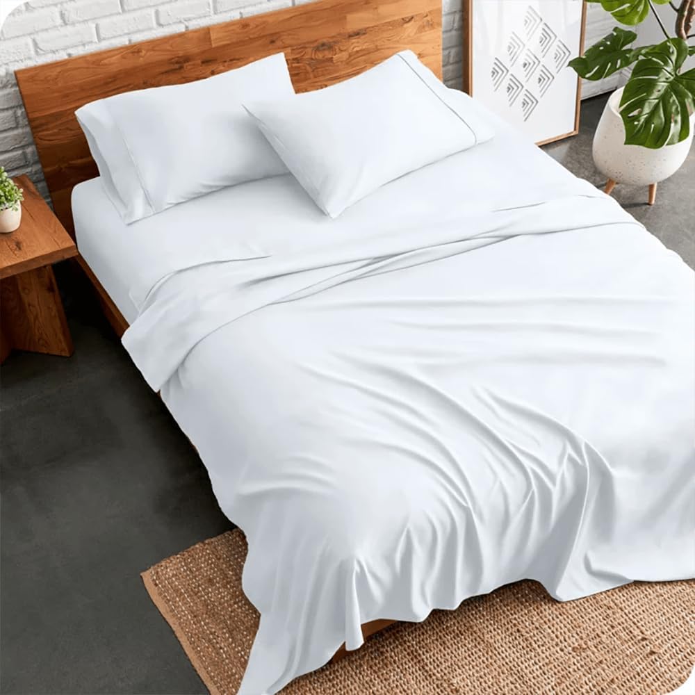 Hashcart Queen Size Bedding Set | 4 Piece Bed Sheet Set | Easy Fit Deep Pockets Elastic Sheet with Flat Sheet & Pillowcases| Extra Soft & Wrinkle Free Sheets | Shrinkage & Fade Resistant [White]