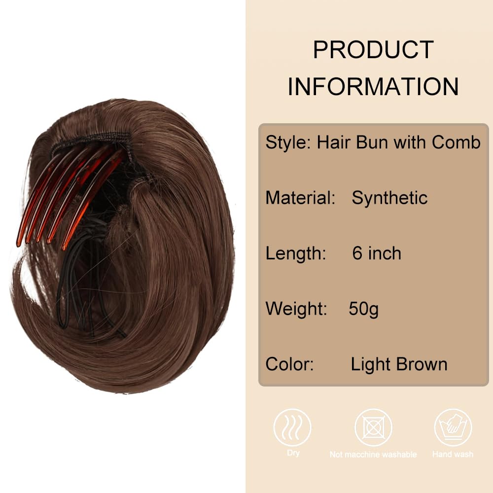 PORSMEER Brown Hair Bun Ponytail Extension,Short Straight Synthetic Hairpiece Drawstring Ponytail Bun Extensions with Comb Clip in Fake Pony Tails Hairpieces for Women Daily Party - Image 2