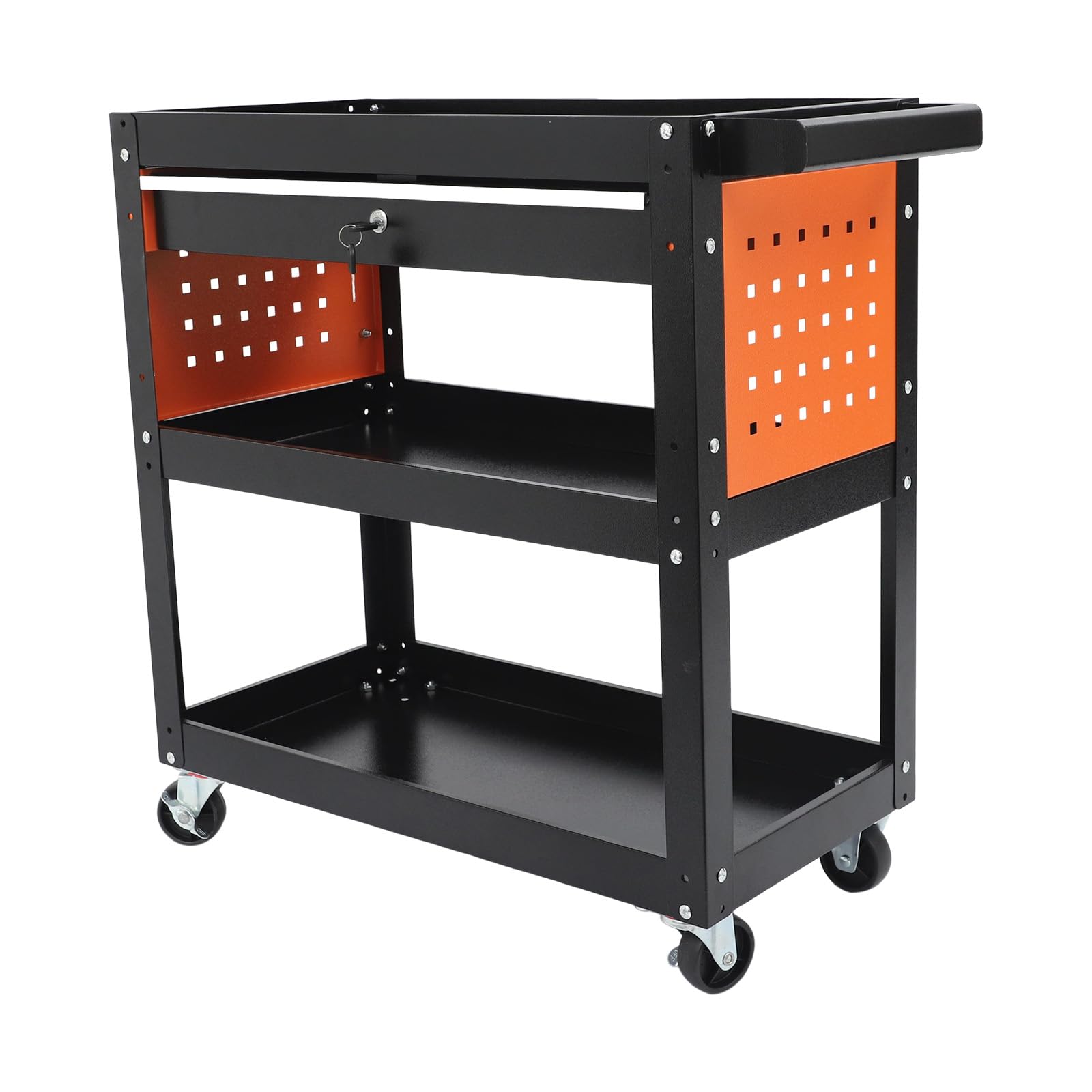 Carro de taller con 3 niveles, carro de taller con cajón y pared perforada, carro de herramientas con cerradura para taller, garaje y almacén, carro de servicio resistente