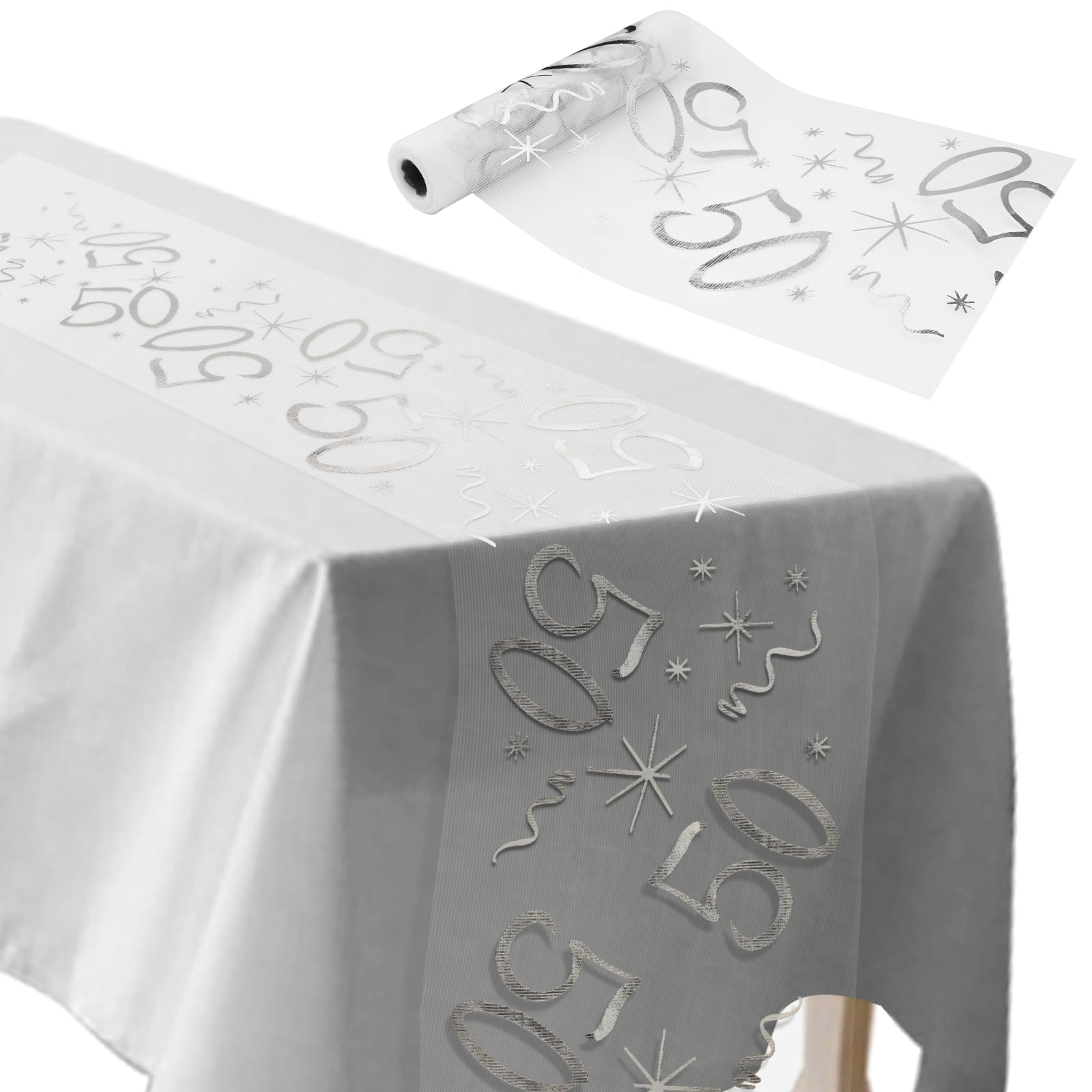 ddckj Happy Birthday Table Runner 28 cm x 10 m 50th Birthday Table Cloth Silver Table Decorations for Men and Women Anniversary Celebrations Banquets Parties