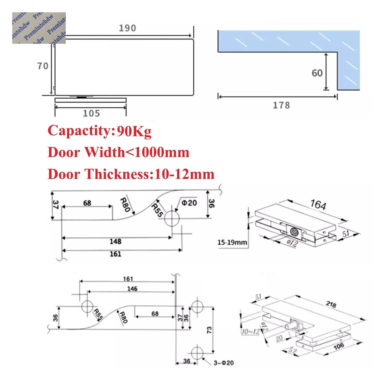 Kit de pivote resorte for piso sin excavación, puerta | Herraje de conexión superior for instalación de puertas de cristal con resortes en el suelo(Titanium Black-A)