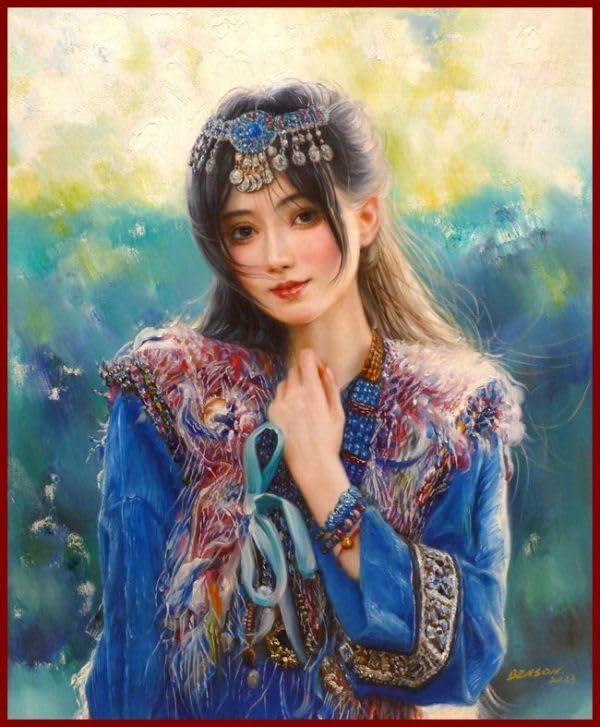 Amazon.co.jp: 油彩画 美しい娘の誘惑の眼差し 「青い民族衣装