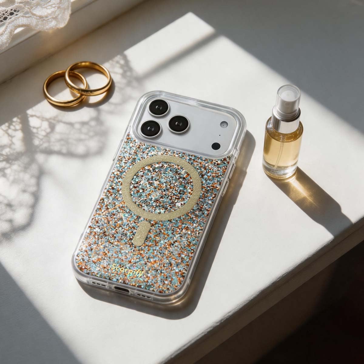 SCORPIFY Custodia magnetica per iPhone 17 Pro, compatibile con chiusura magnetica, design elegante color champagne, carina custodia magnetica da donna, con finitura glitterata