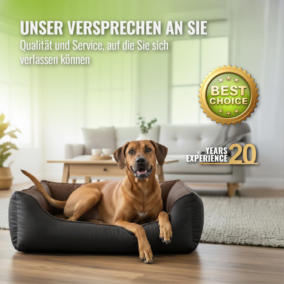 CopcoPet Hundebett Kunstleder Grosse Hunde – Waschbares Hundekissen 【Wendebett】 Hundebett Leder - Formstabiles Hundesofa - Hundekörbchen mit erhöhten Rand, Dog Bed Schwarz/Braun 110 x 90 cm