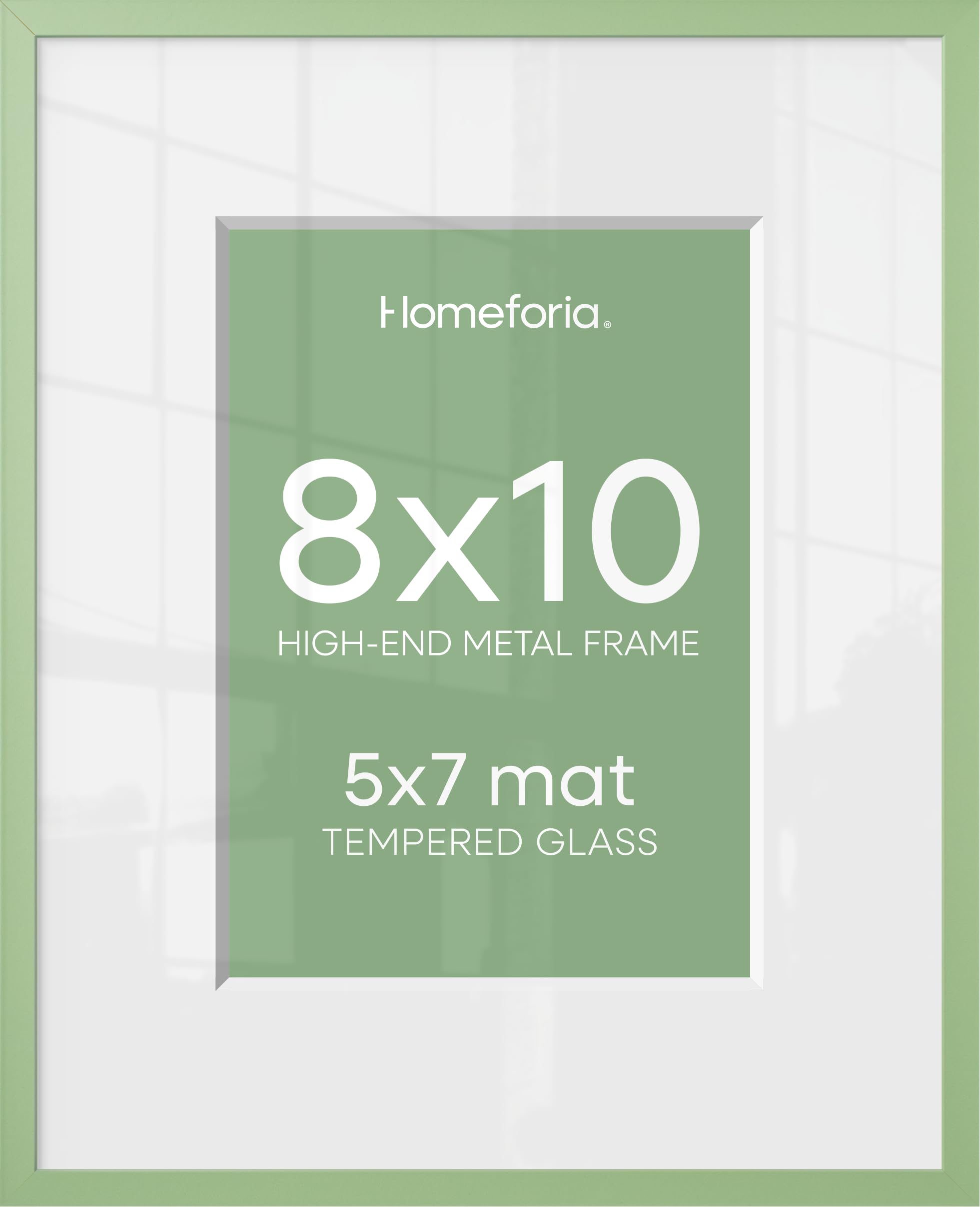 Homeforia 8x10 Green Picture Frame, High-End Metal, 5x7 Mat, Glass | High End Aluminum, Tempered Glass, Acid-Free 5x7 Removable Mat, 8x10 in Edge-to-Edge Display 10x8, Wall Kit, Set Of 1