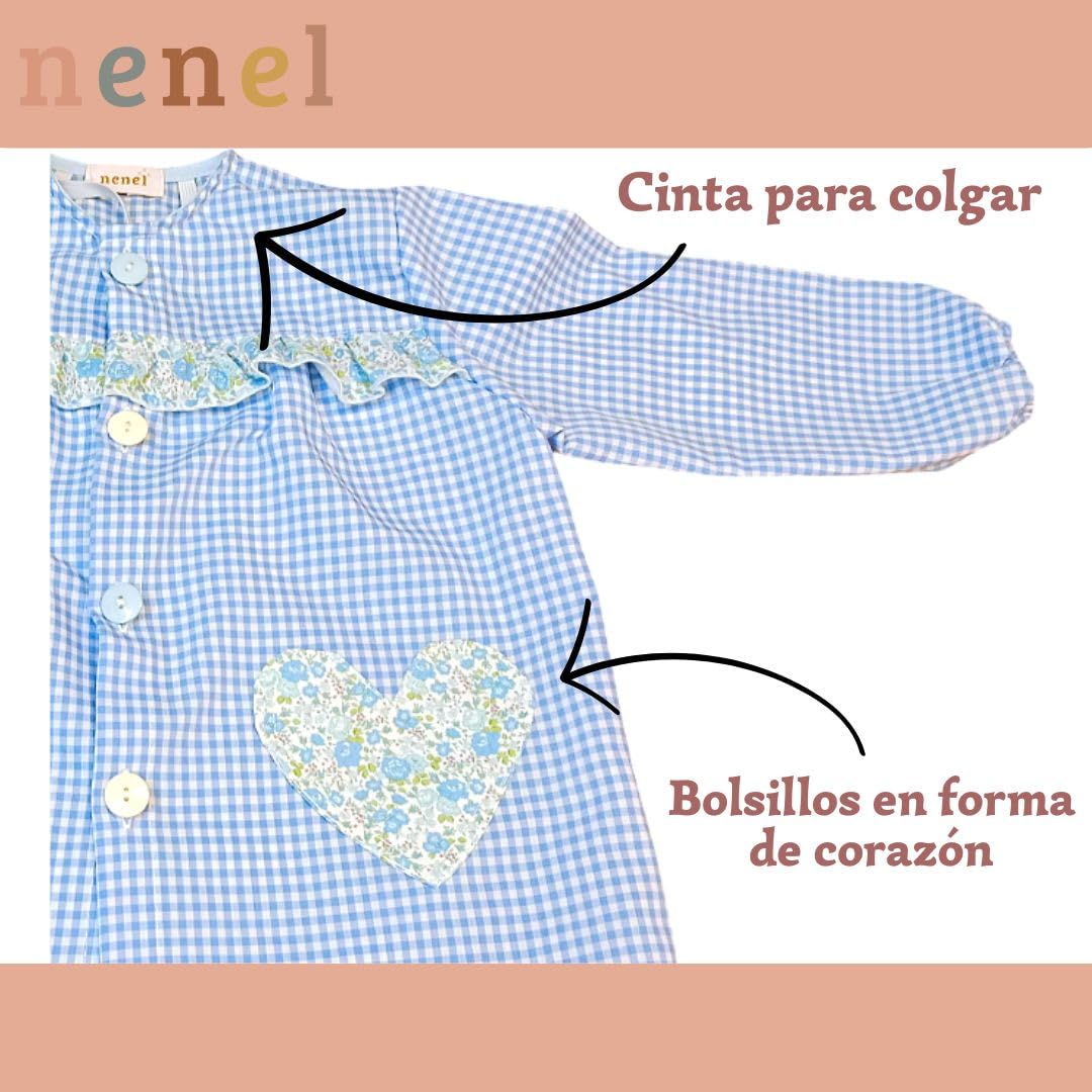 Nenel Conjunto Escolar para Colegio o guardería: Mandilón, babi o Bata Escolar + Bolsa merienda Bordado con el Nombre. Modelo Amore