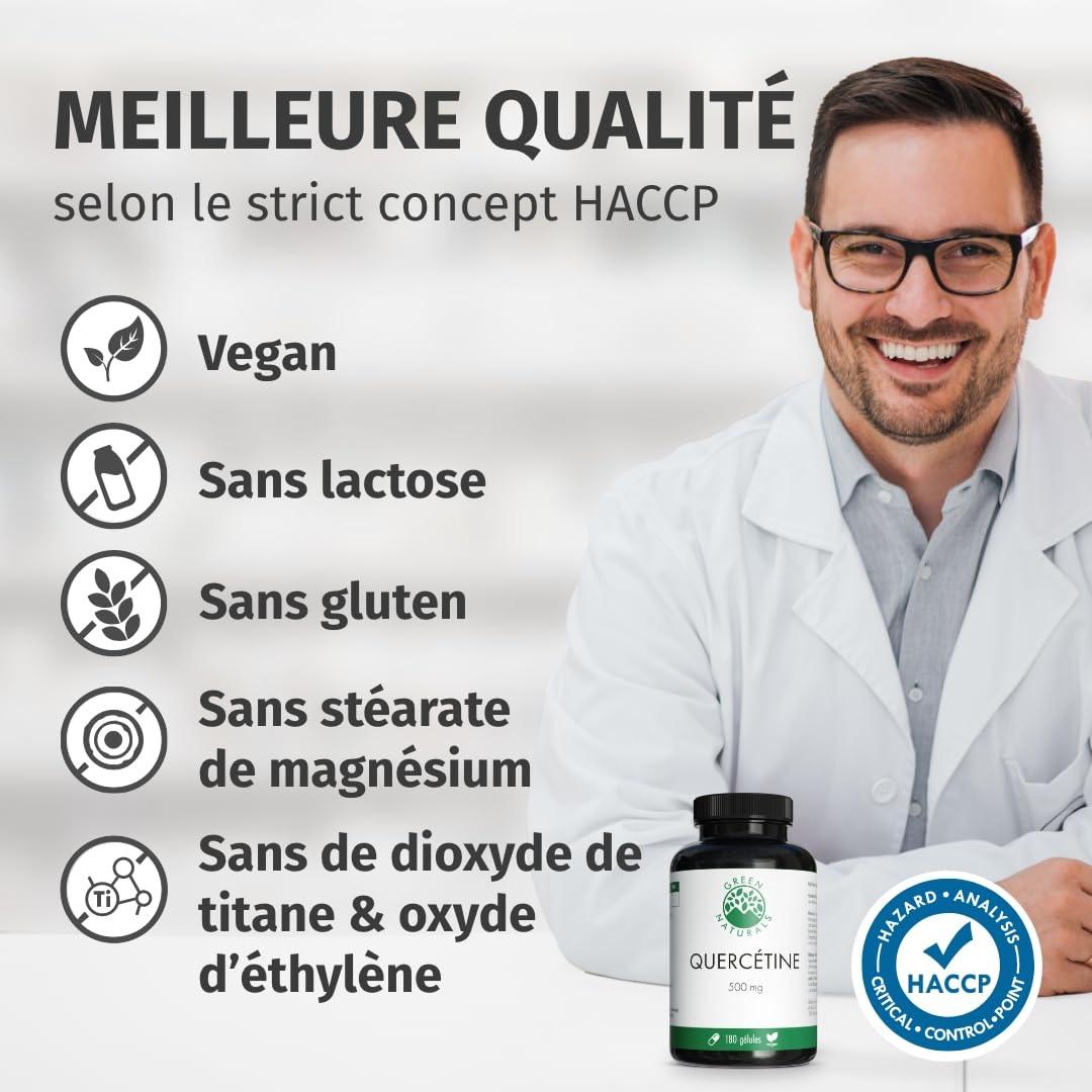 Green Naturals® Quercétine hautement dosée – 500 mg avec extrait naturel de Sophora du Japon (Sophora japonica) – 100% végétalien et sans additifs – 180 gélules (6 mois)