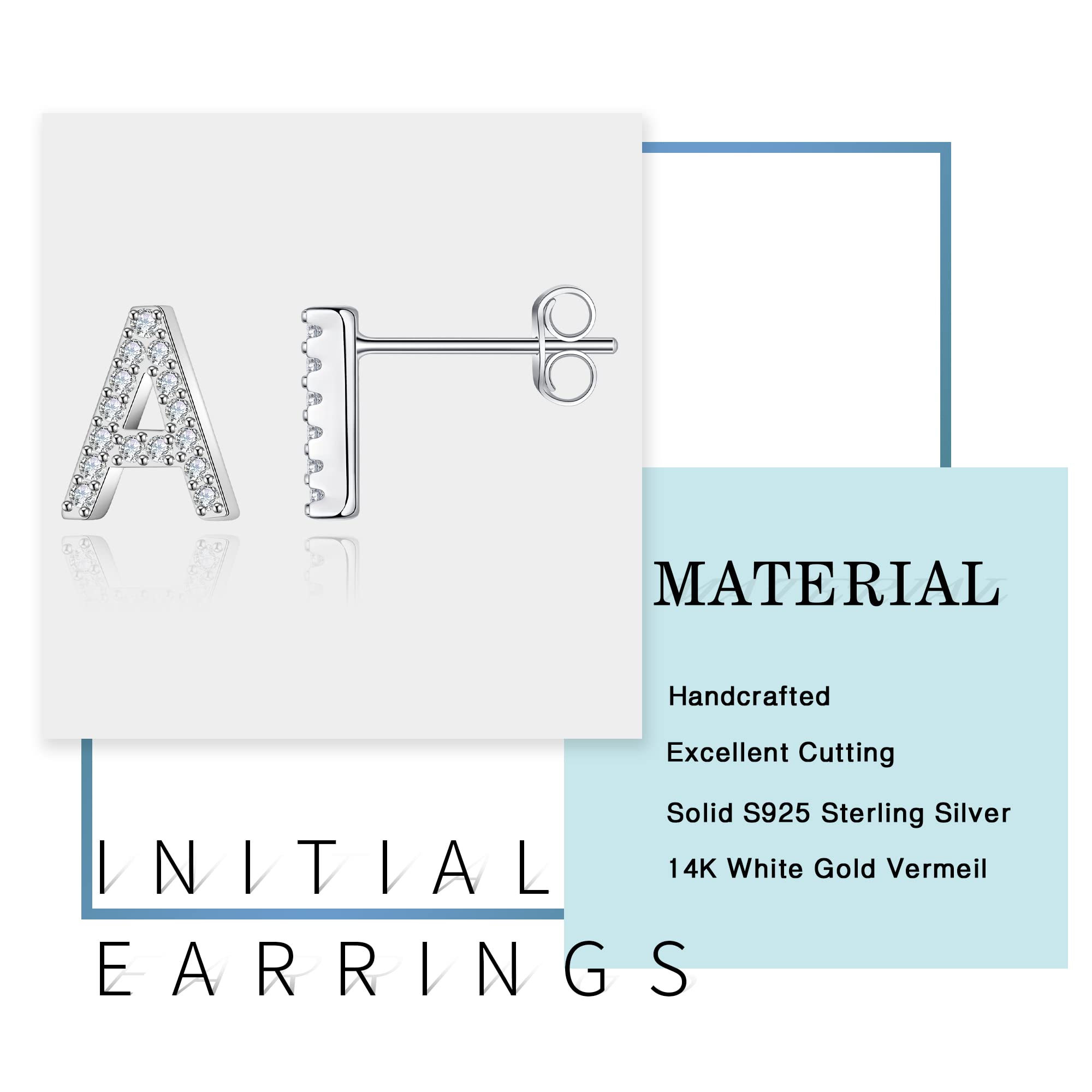 MOOSEA Pendientes de tuerca de plata de ley 925 chapados en oro blanco de 14 quilates con letra inicial de moissanita para mujer, aretes de diamante de imitación, Plata de ley, Moissanita