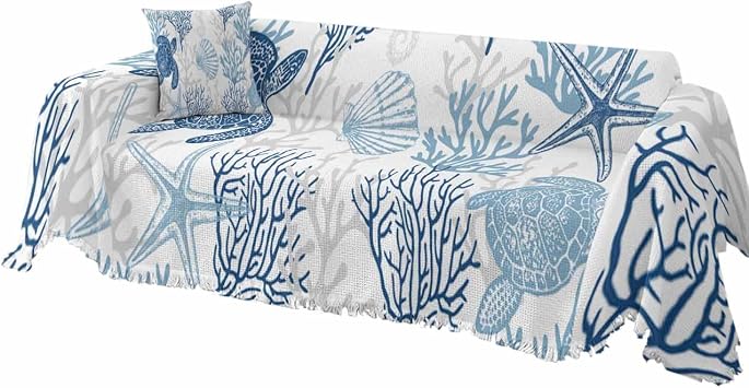 Blue Grey Coastal Coral Sofa Covers for 3 Cushion Couch, Washable Sectional & L Shape Couch Covers for Dogs/Cats, Ocean Nautical Summer Beach Turtle Starfish Non Slip Sofa Slipcover Futon Cover 71x150