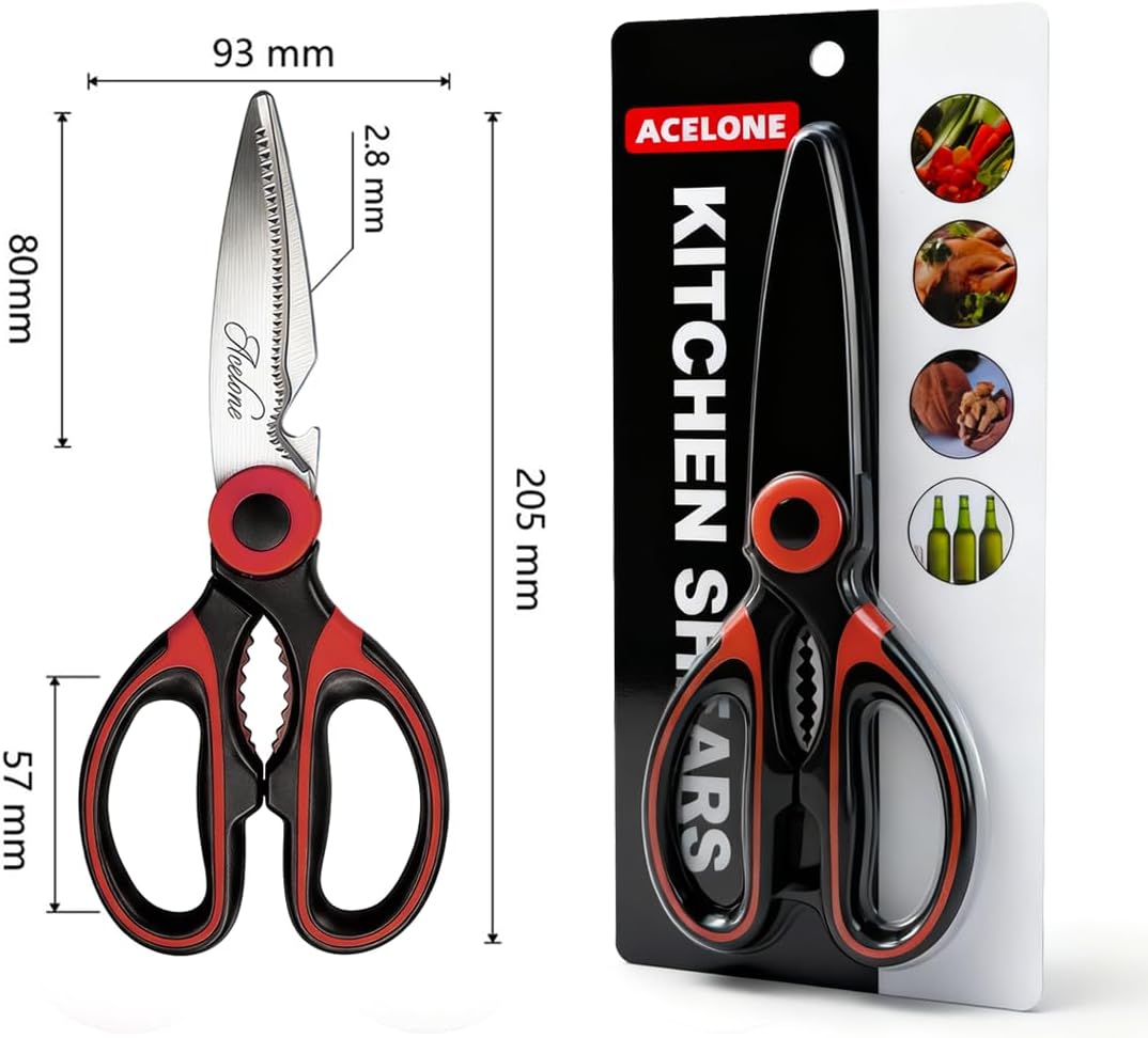 Kitchen Shears, Acelone Premium Heavy Duty Shears Ultra Sharp Stainless Steel Multi-function Kitchen Scissors for Chicken/Poultry/Fish/Meat/Vegetables/Herbs/BBQ… (Red black)