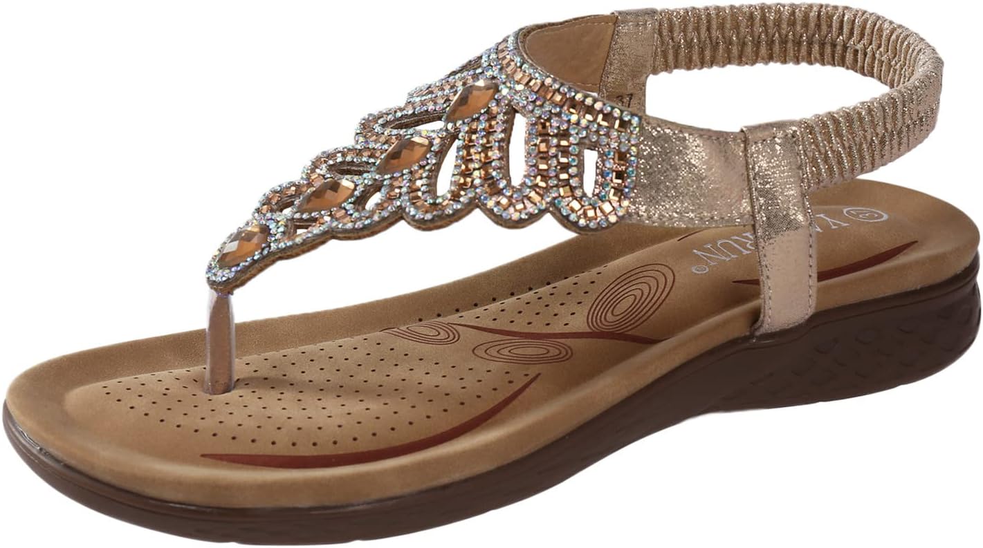 ShiningupupSummer Sandals For Women Dressy Low Heel Sandals For Women Comfort With Elastic Ankle Strap Casual Bohemian Beach Shoes Fashion Crystal Floral Casual Shoes Open Toe Womens Dress Shoes Low Heel Black