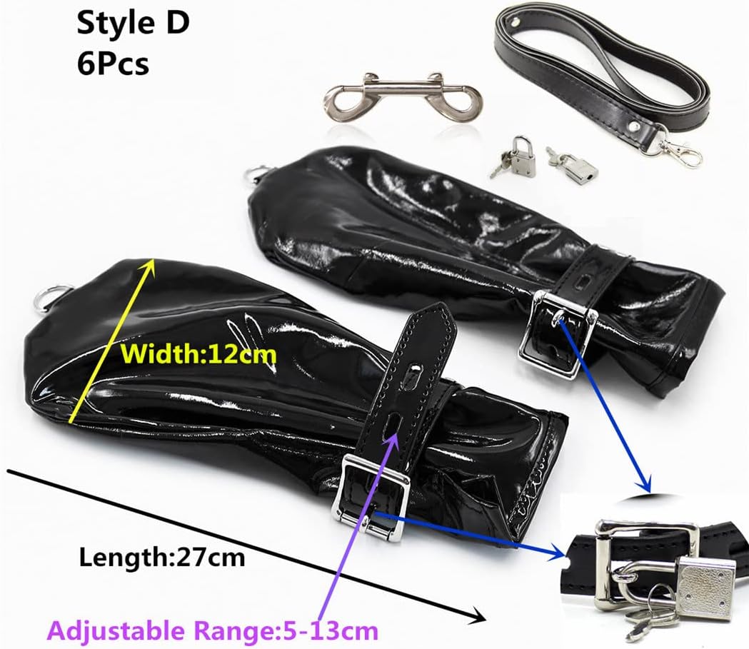 Haitpant Men Women Black Soft Faux Leather Gloves With Locks Restraint And Chain For Role Play Party