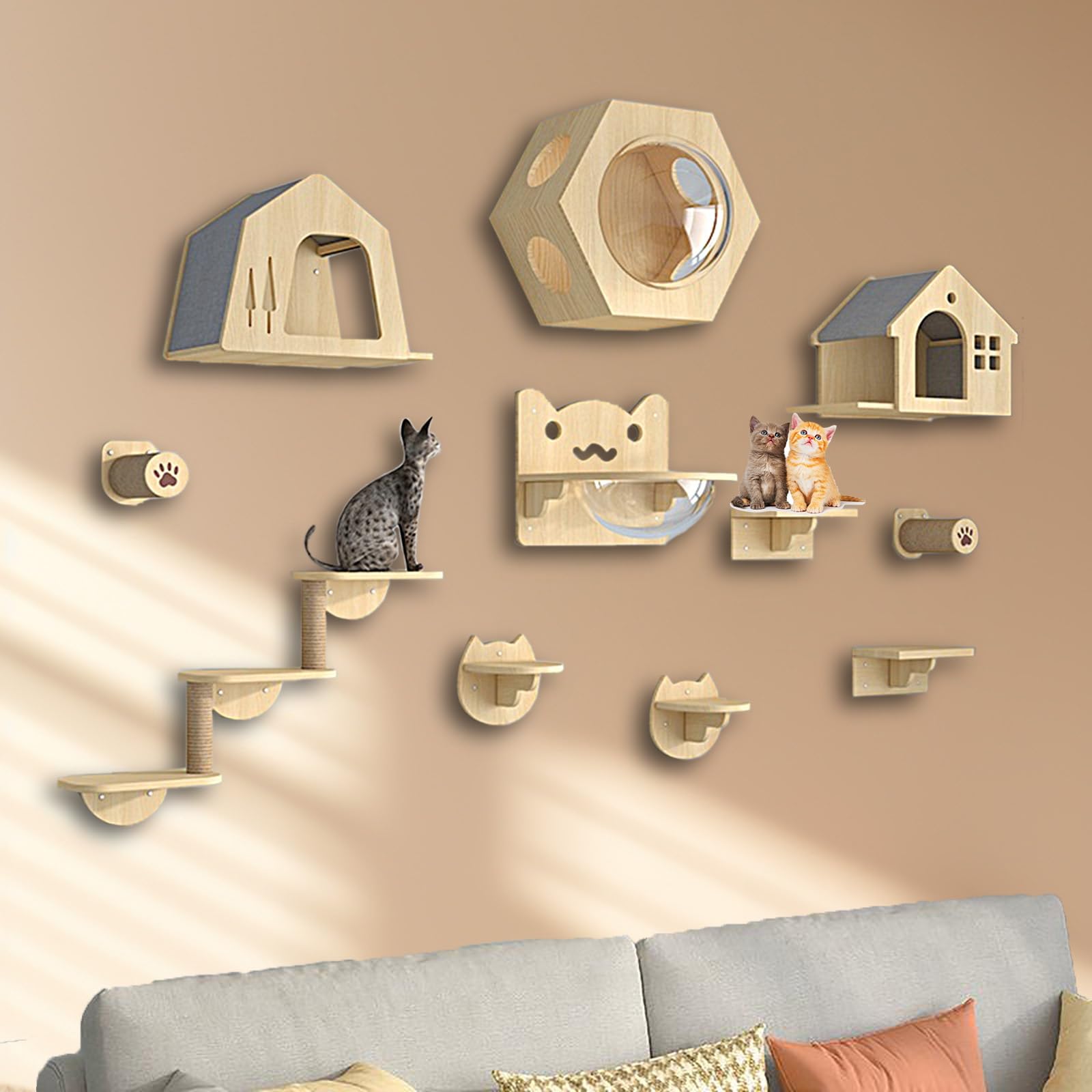Mensole per Gatti, Accessori Gatti, con Cuccia, Gradini, Tiragraffi - Mensola per Arrampicata in Legno Naturale per Micio da Interno(11pcs)
