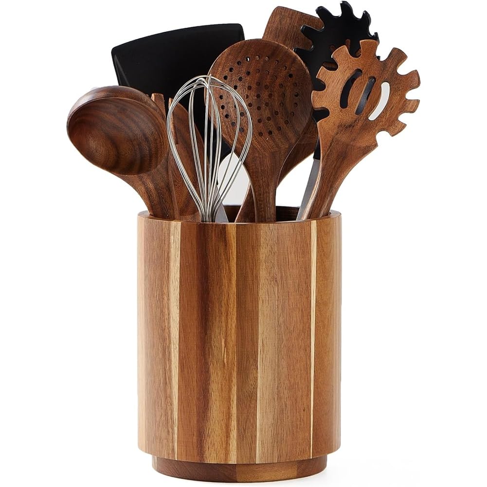 CTRLZS Farmhouse Style Wooden Cooking Utensil Crock for Countertop, for Kitchen Counter Wood Utensil Holder Decor