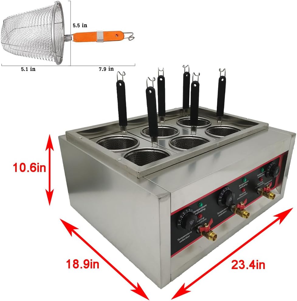 6 Holes Noodles Cooking Machine Electric Pasta Cooker Stainless Steel Commercial Noodle Cooker with Filter Adjustable Temperature for Pasta Cooking 220V 6000W NO Plug