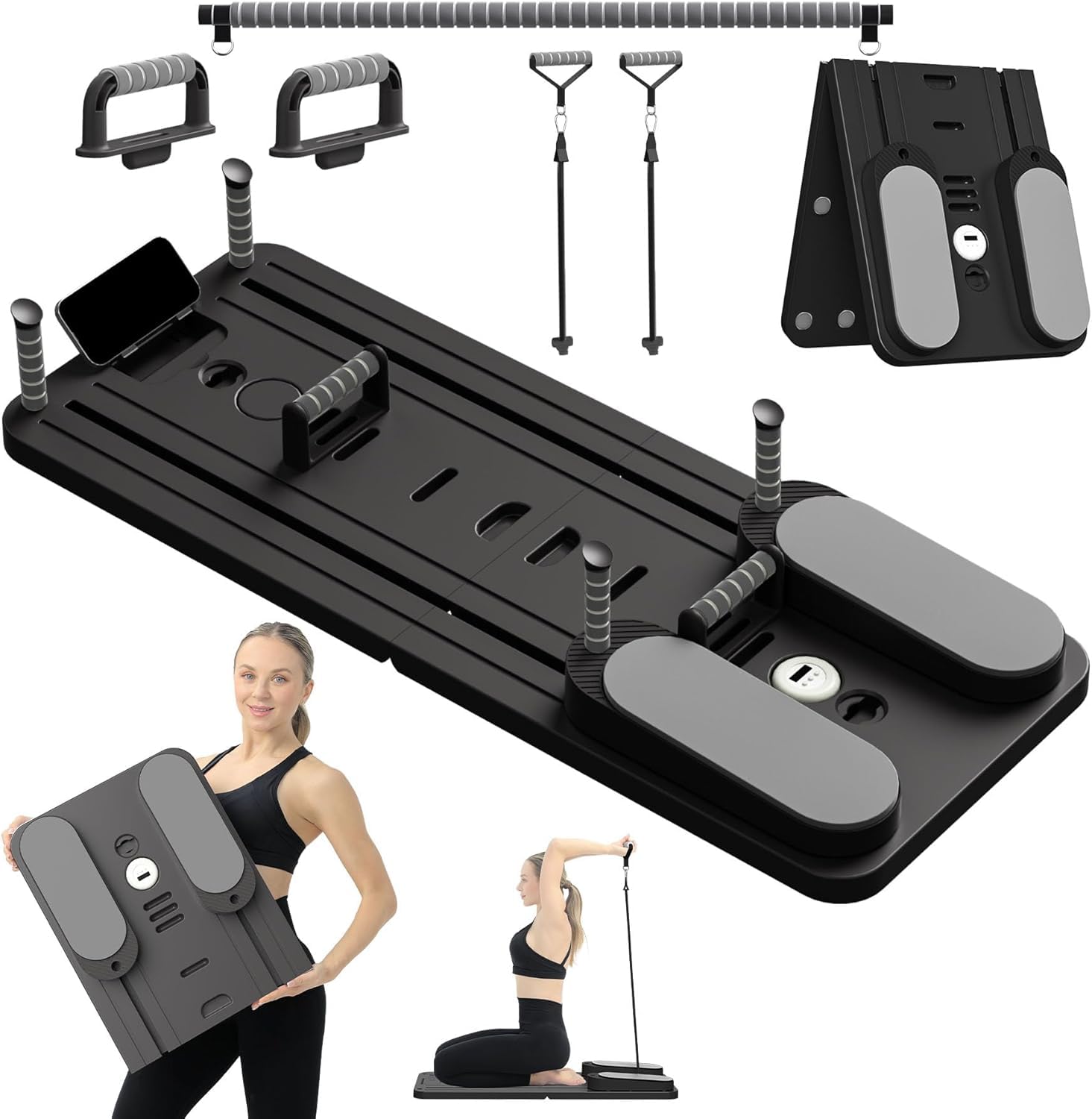 Pilates Board Für Zuhause(inkl. 5er-Set Widerstandsbänder) Faltbares Multifunktionales Reformer Board, Extra Stabile Konstruktion Mit Automatischem Rückprall, für Kern- und Bauchmuskeltraining
